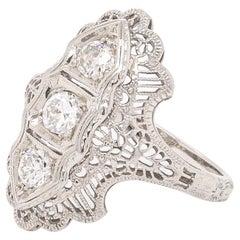 Antique Art Deco 14K White Gold & Three-Stone Diamond Filigree Ring