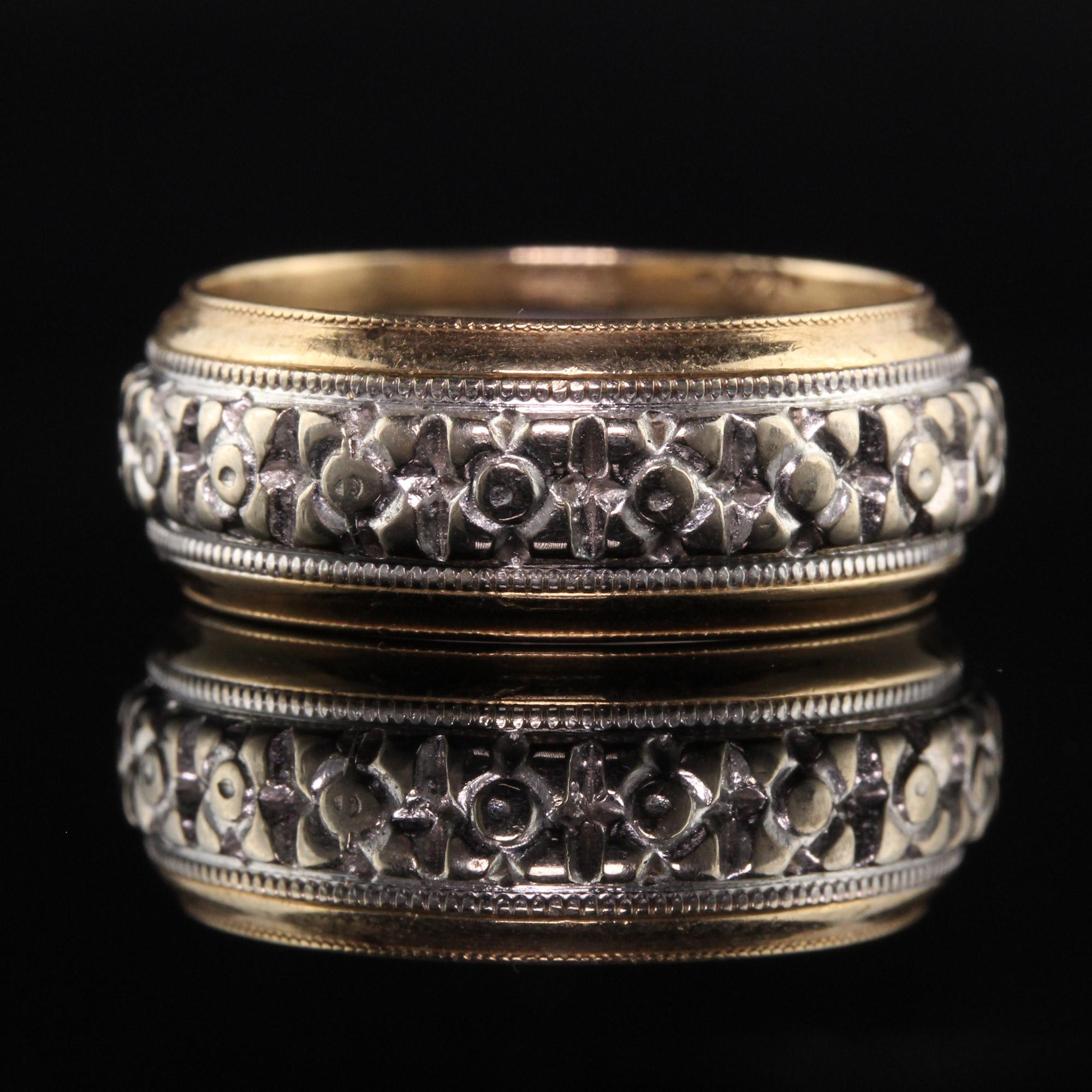 Women's Antique Art Deco 14K Yellow and White Gold Engraved Blossom Wedding Band For Sale