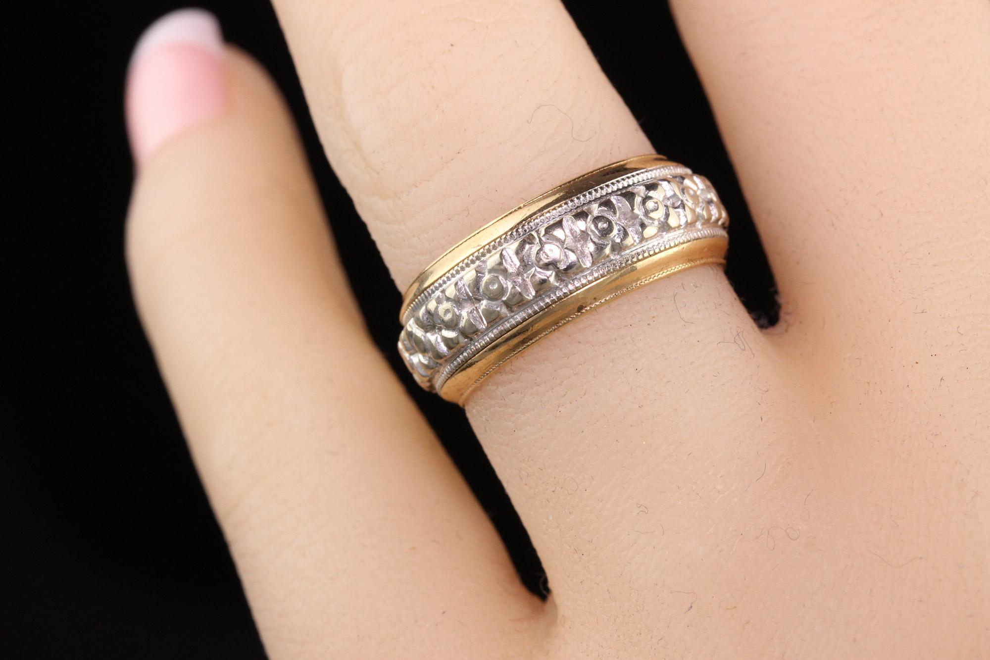 Antique Art Deco 14K Yellow and White Gold Engraved Blossom Wedding Band For Sale 2