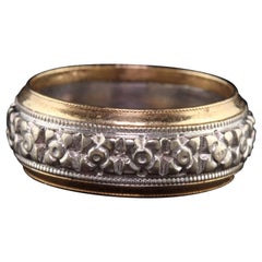 Antique Art Deco 14K Yellow and White Gold Engraved Blossom Wedding Band