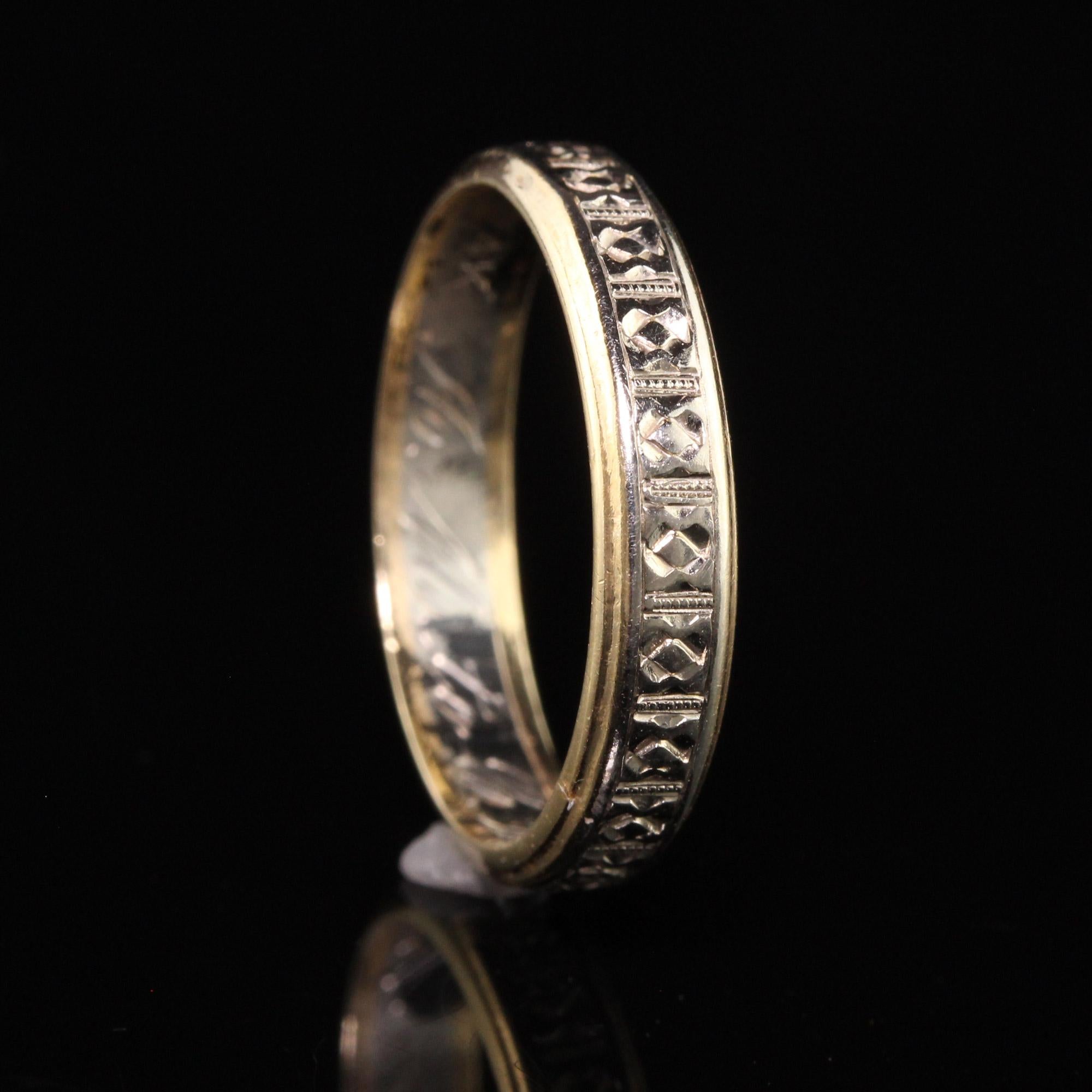 Antique Art Deco 14K Yellow and White Gold Engraved Wedding Band For Sale 1