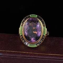 Antique Art Deco 14K Yellow Gold Amethyst and Enamel Cocktail Ring