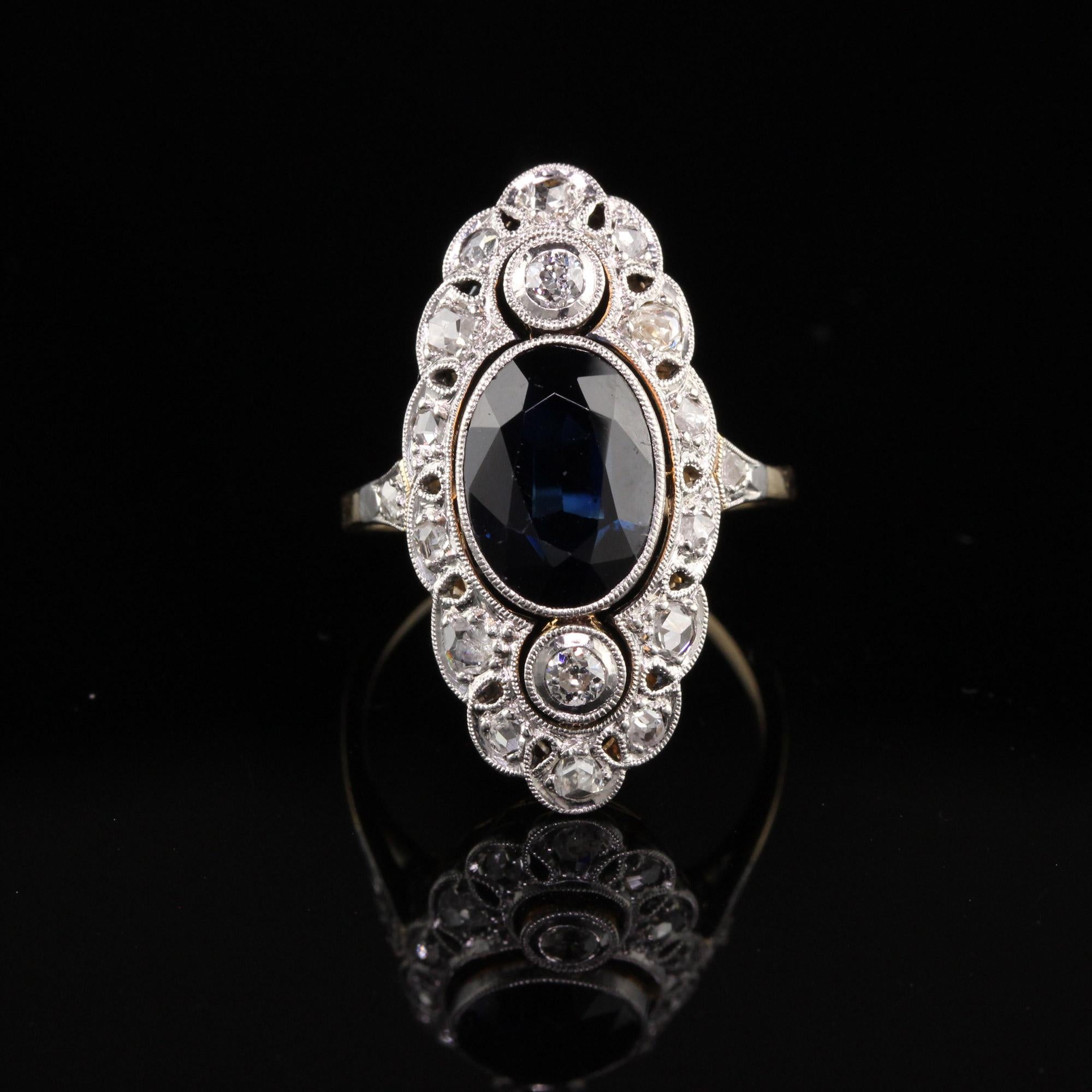 Oval Cut Antique Art Deco 14K Yellow Gold and Platinum Diamond and Sapphire Ring