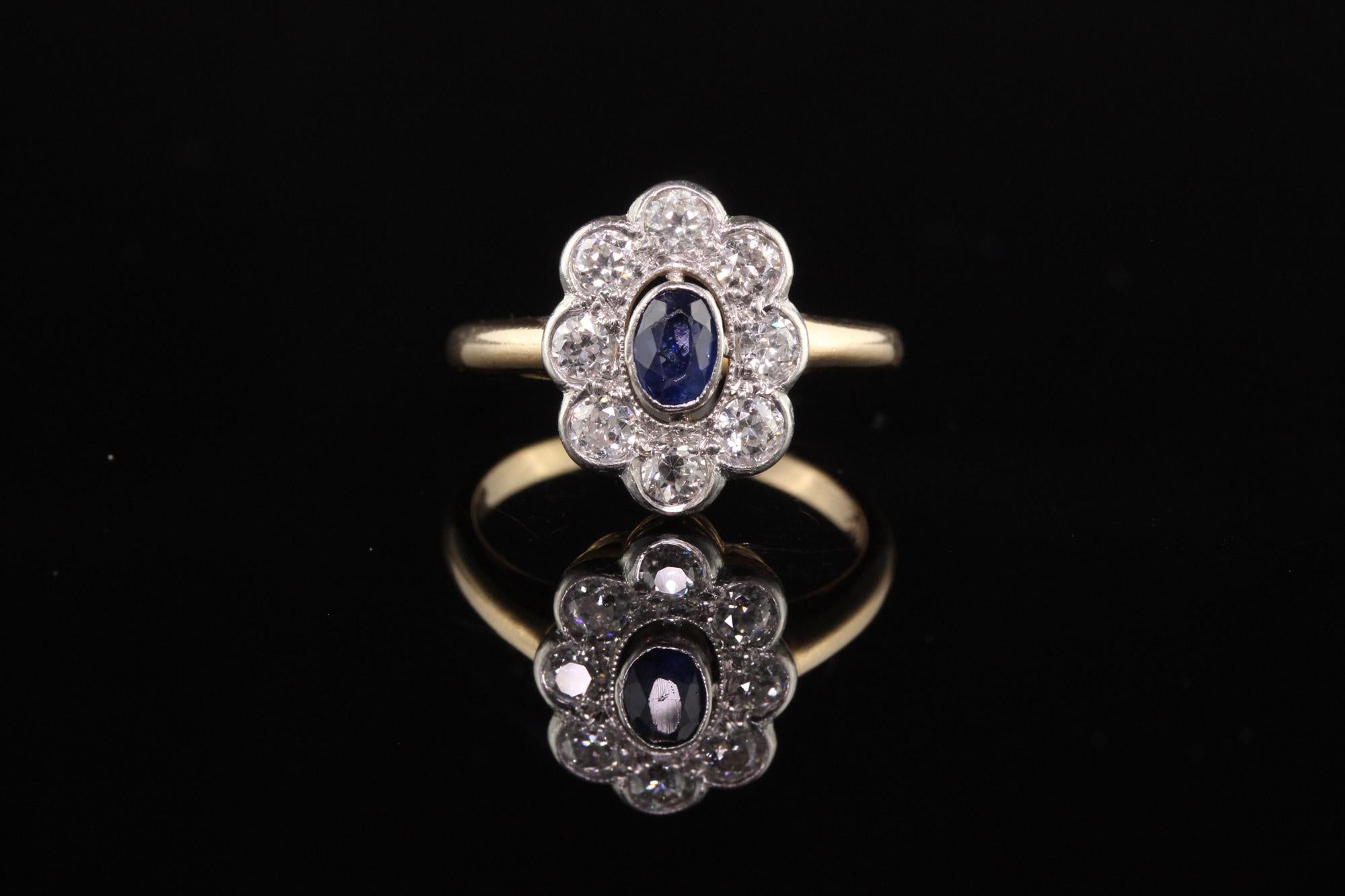 Antique Art Deco 14K Yellow Gold and Platinum Old Euro Diamond and Sapphire Ring In Good Condition For Sale In Great Neck, NY