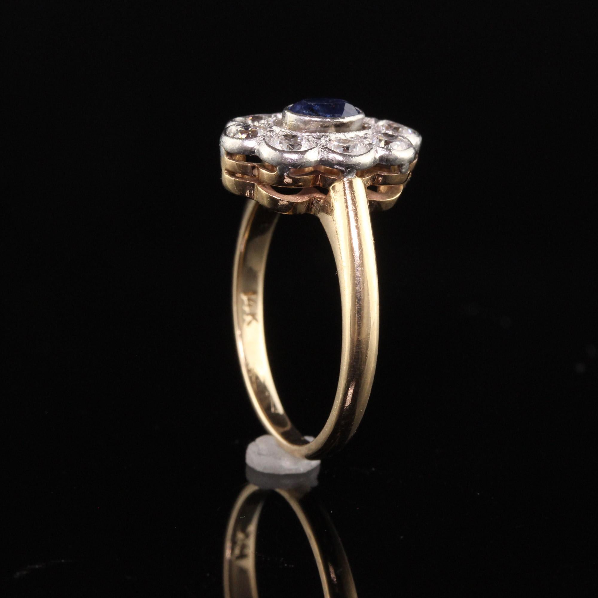 Antique Art Deco 14K Yellow Gold and Platinum Old Euro Diamond and Sapphire Ring For Sale 1