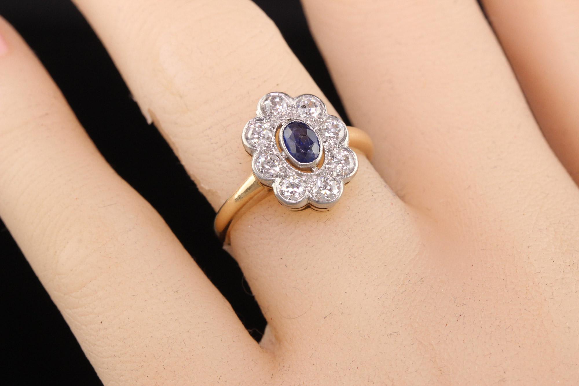 Antique Art Deco 14K Yellow Gold and Platinum Old Euro Diamond and Sapphire Ring For Sale 2