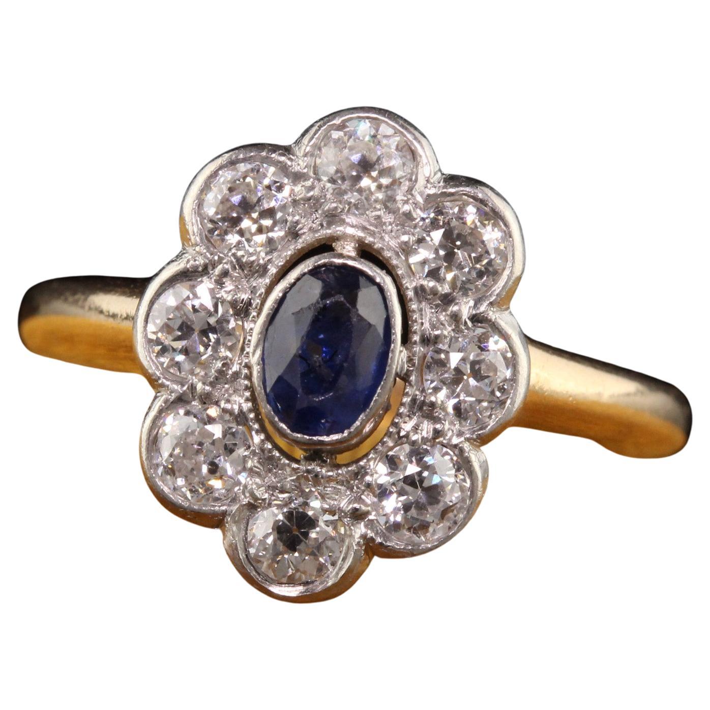 Antique Art Deco 14K Yellow Gold and Platinum Old Euro Diamond and Sapphire Ring For Sale