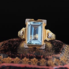 Antique Art Deco 14K Yellow Gold Aquamarine Floral Engagement Ring