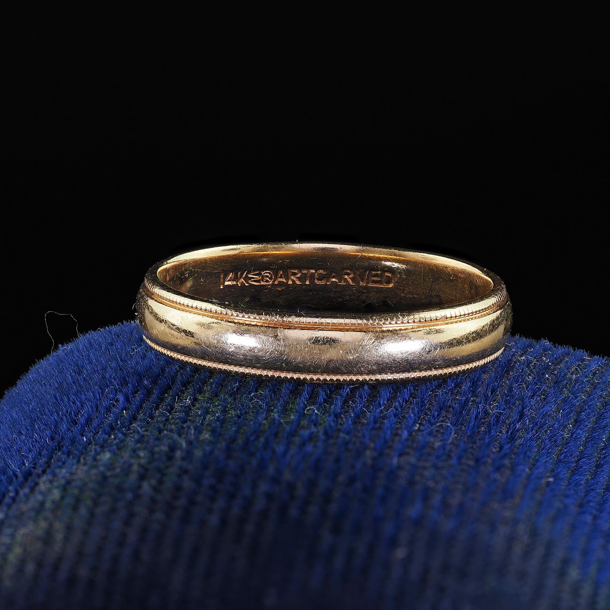 Antike Art Deco 14K Gelbgold Art Carved Hochzeit Band - Größe 7 1/4 im Zustand „Gut“ im Angebot in Great Neck, NY