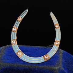 Antique Art Deco 14K Yellow Gold Baby Blue Enamel and Pearl Horseshoe Pin