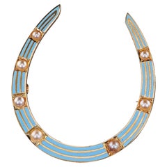Antique Art Deco 14K Yellow Gold Baby Blue Enamel and Pearl Horseshoe Pin