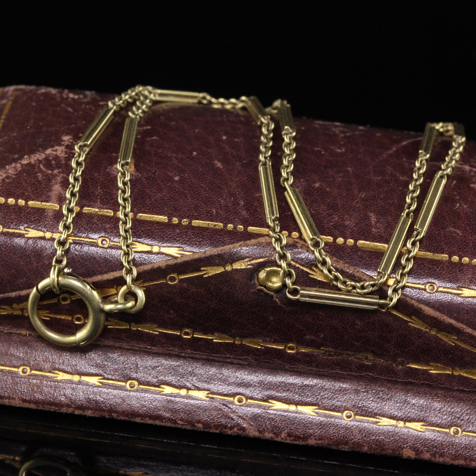 Beautiful Antique Art Deco 14K Yellow Gold Bar Link Chain Necklace - 14.5 Inches. This beautiful bar chain necklace is crafted in 14k yellow gold. This chain features an intricate designed bar link that alternates between chain and bar. The necklace
