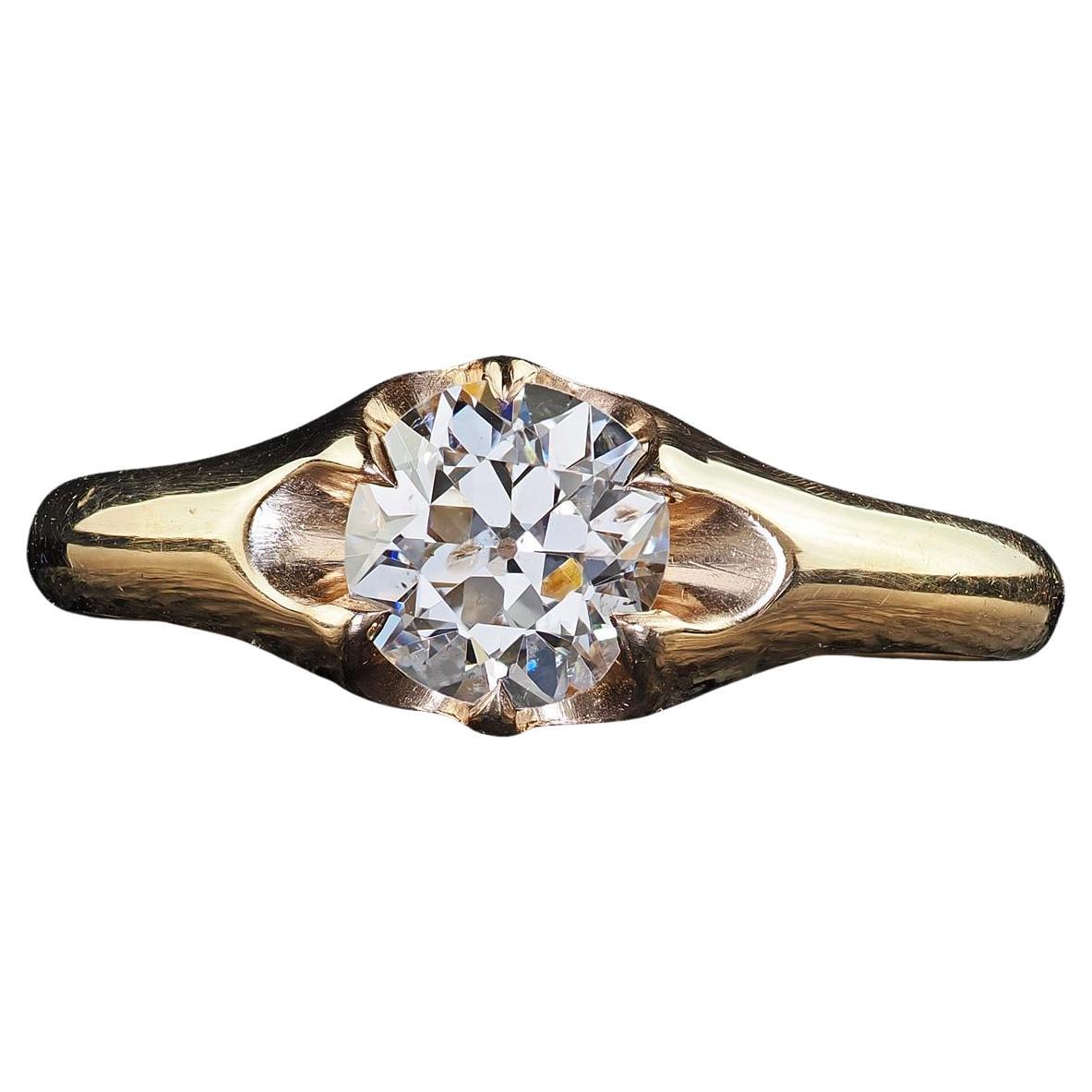 Antique Art Deco 14K Yellow Gold Belcher Old Euro Diamond Engagement Ring - GIA