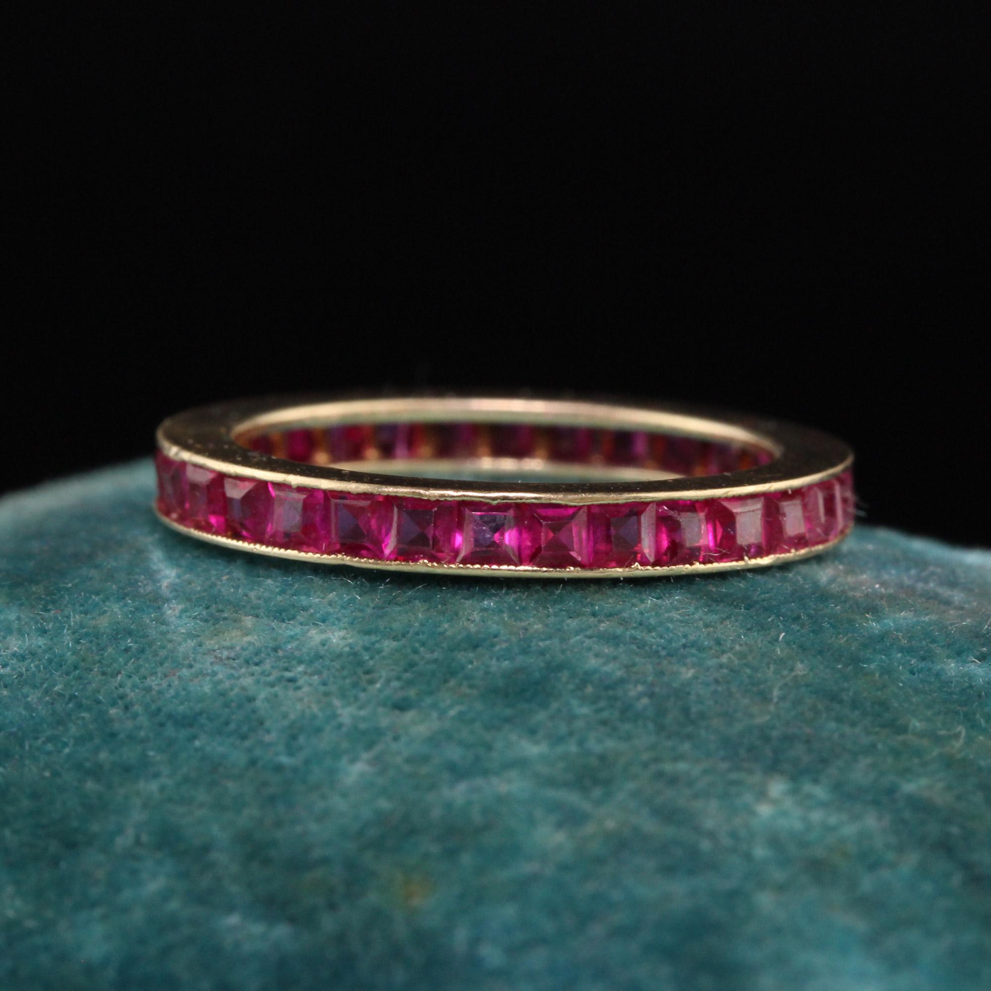 Beautiful Antique Art Deco 14K Yellow Gold Burma Ruby Eternity Band - Size 4 3/4. This gorgeous band has square burmese rubies set all the way around the band and is in good condition. The rubies are very bright and glow.

Item #R1056

Metal: 14K