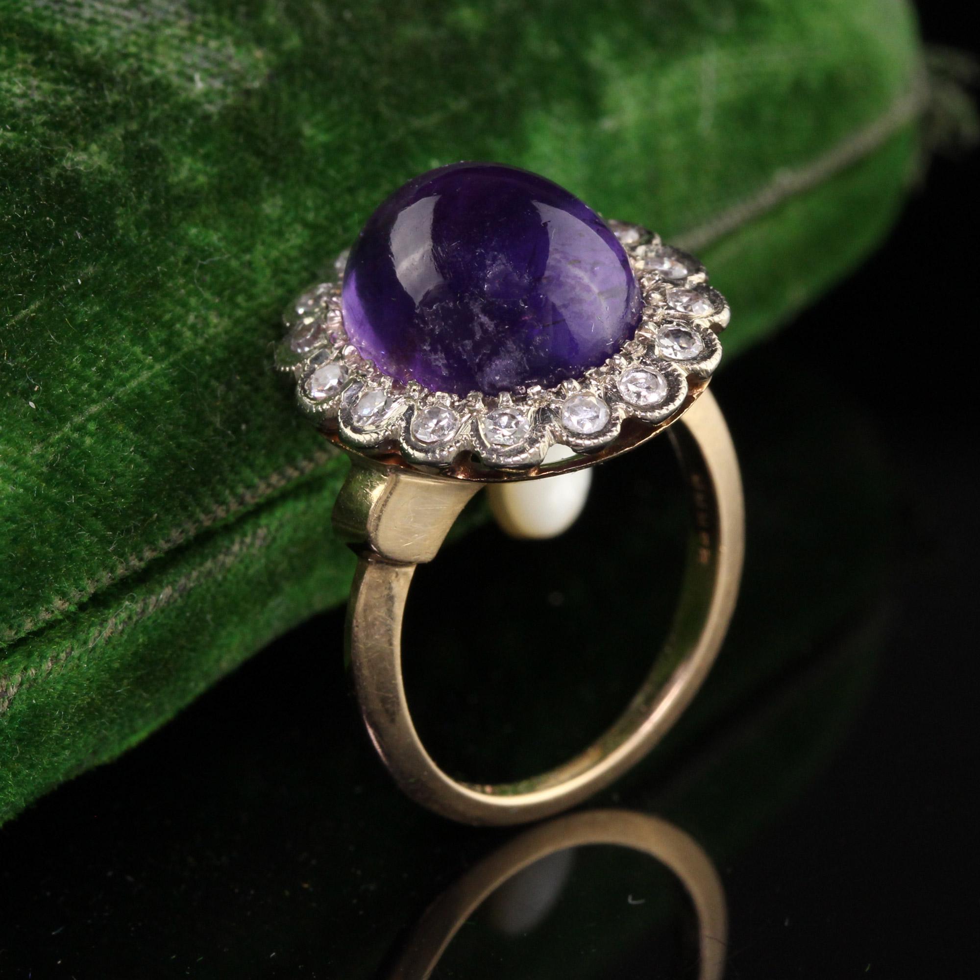 Antiker Art Deco 14K Gelbgold Cabochon Amethyst Diamant Halo-Ring im Zustand „Gut“ in Great Neck, NY
