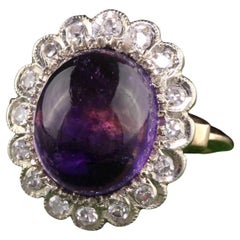 Antique Art Deco 14K Yellow Gold Cabochon Amethyst Diamond Halo Ring