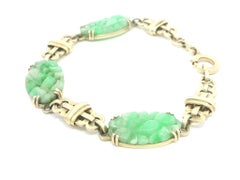 Antique Art Deco 14k Yellow Gold Carved Jade Station Geometric Link Bracelet