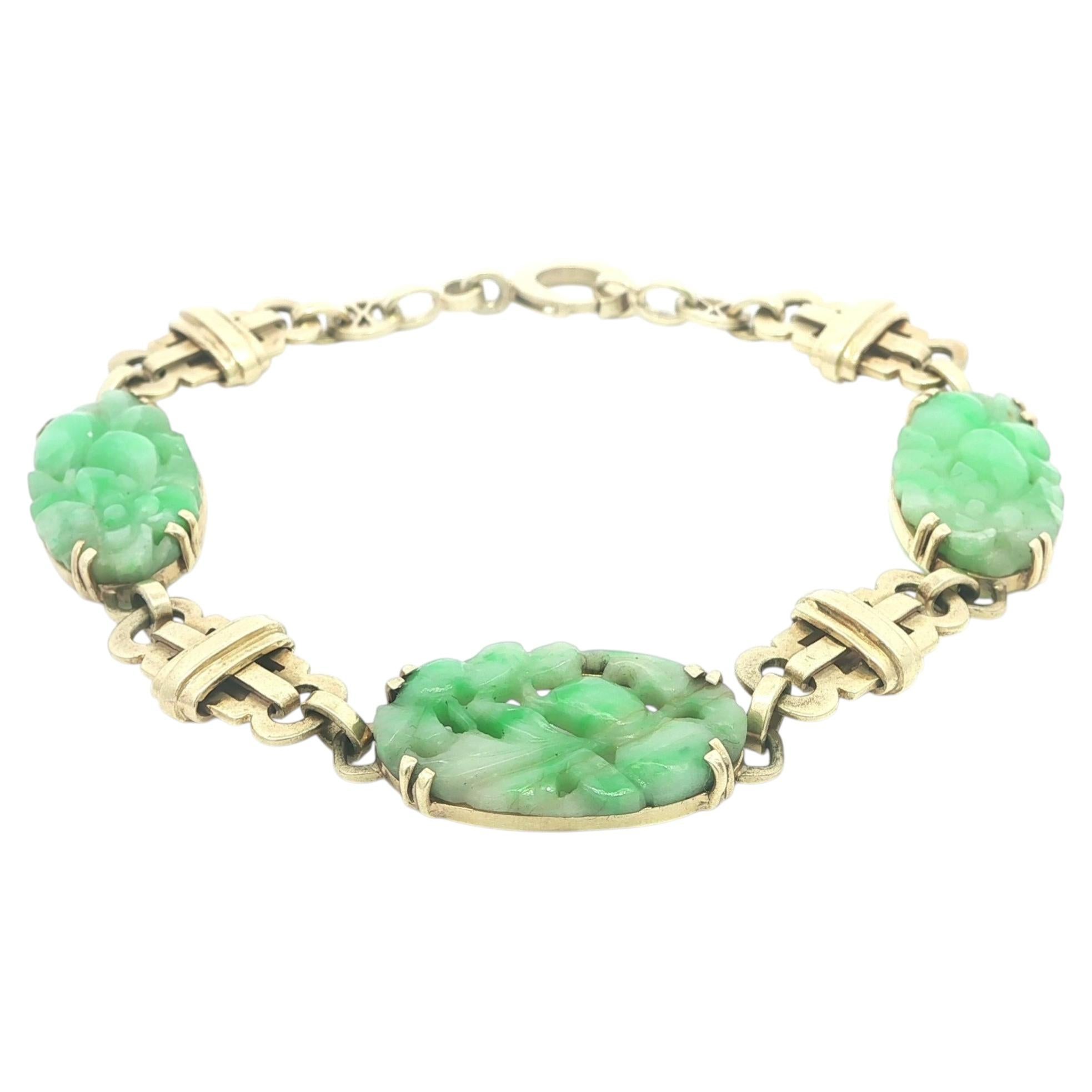 Bracciale antico Art Deco in oro giallo 14k con giada intagliata a stazione geometrica A Link