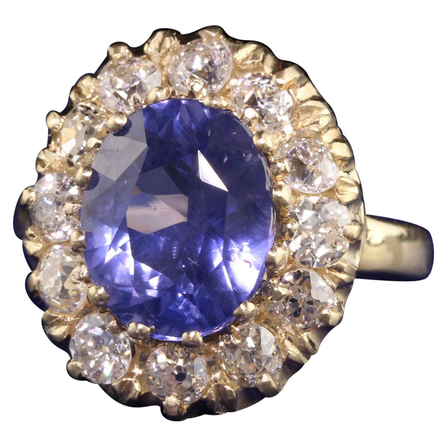 Vintage Retro 14K Yellow Gold Ceylon Sapphire and Diamond Engagement Ring - AGL For Sale