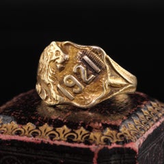 Antique Art Deco 14K Yellow Gold circa Engraved 1921 Lion Ring
