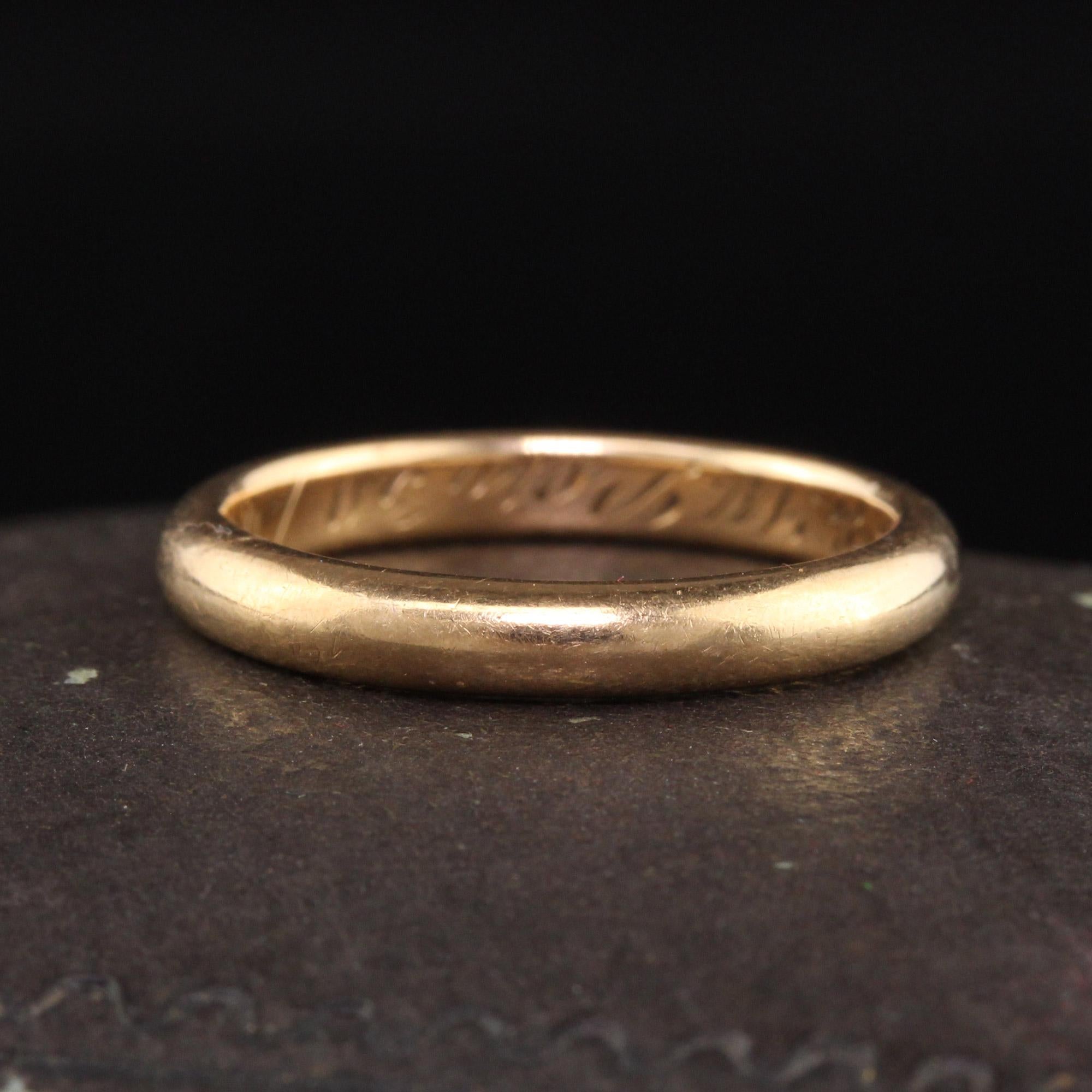 Beautiful Antique Art Deco 14K Yellow Gold Classic Wedding Band - Size 6. This classic wedding band is crafted in yellow gold and has engravings inside the ring which read 
