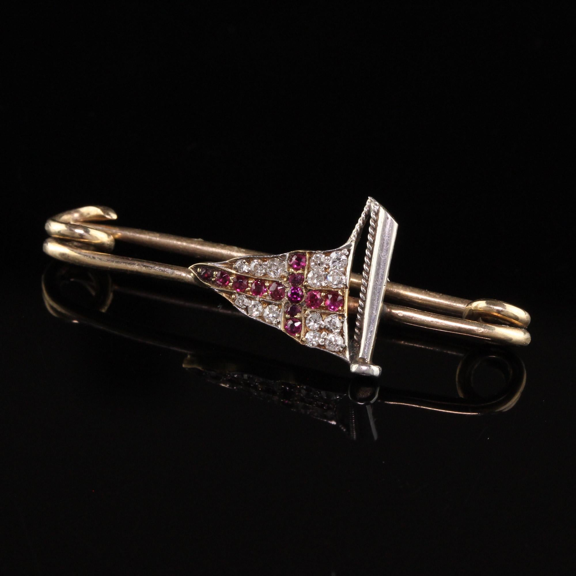 Antique Art Deco 14K Yellow Gold Diamond and Ruby Sailboat/Flag Pin In Good Condition In Great Neck, NY