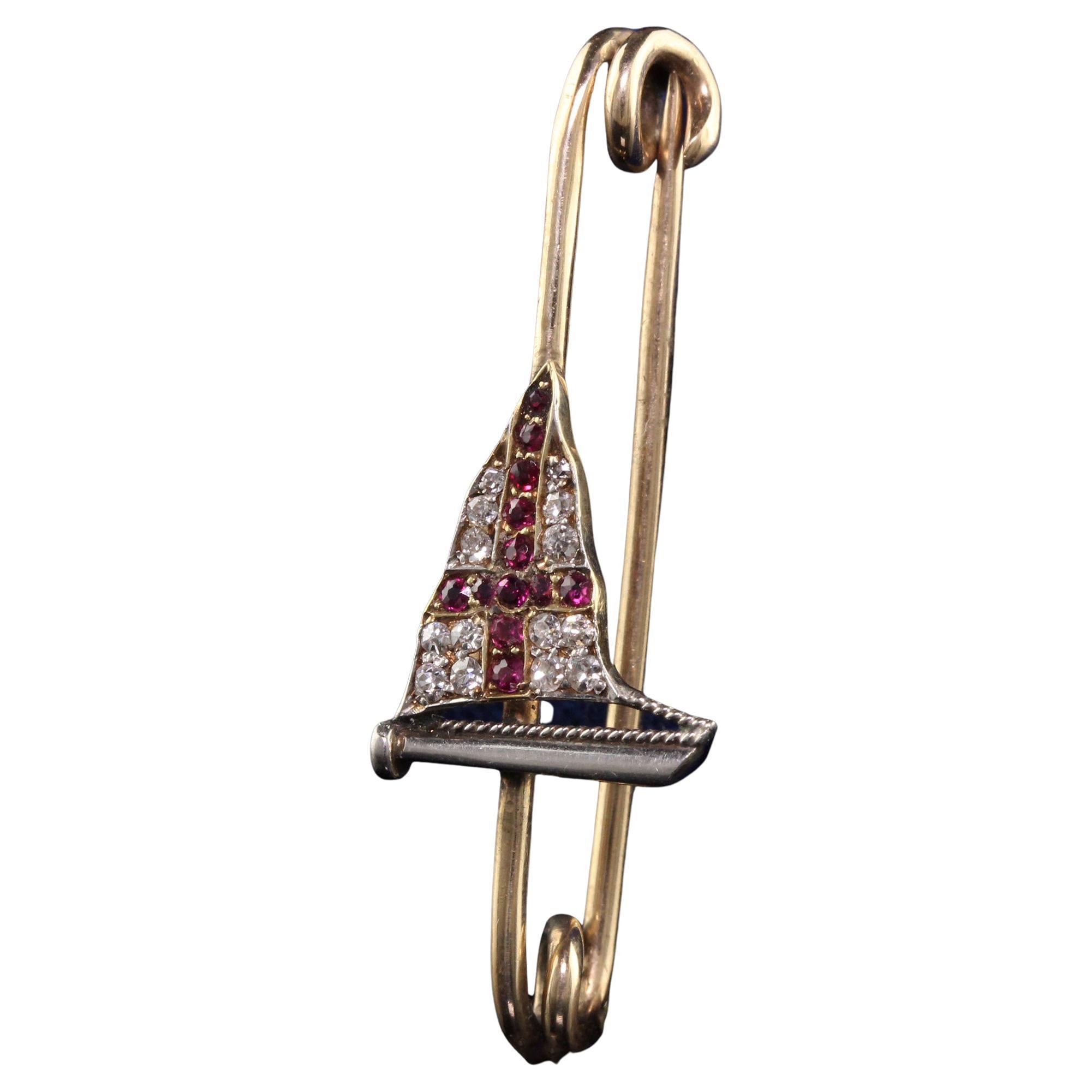 Antique Art Deco 14K Yellow Gold Diamond and Ruby Sailboat/Flag Pin