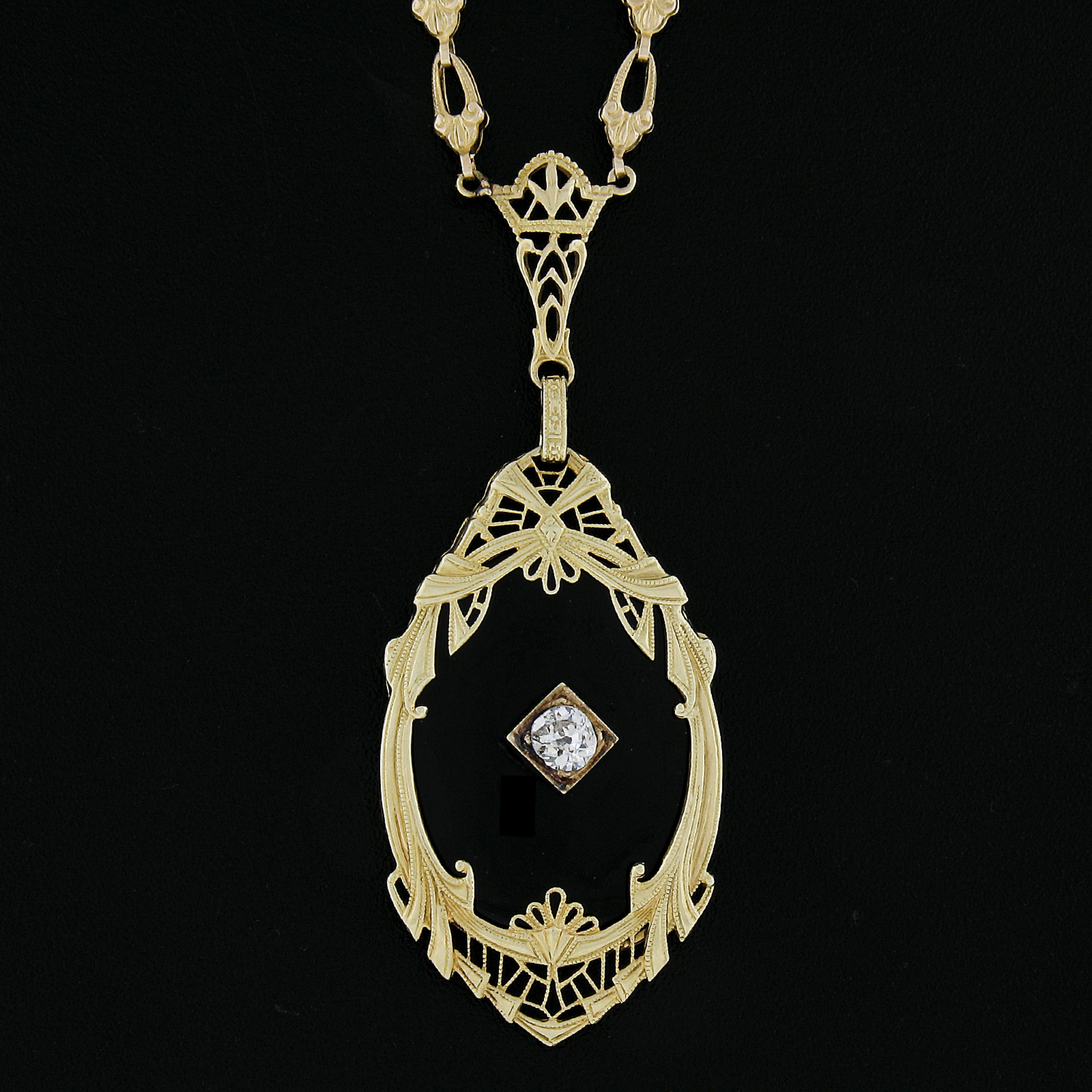Oval Cut Antique Art Deco 14k Yellow Gold Diamond & Black Onyx Filigree Pendant Necklace For Sale