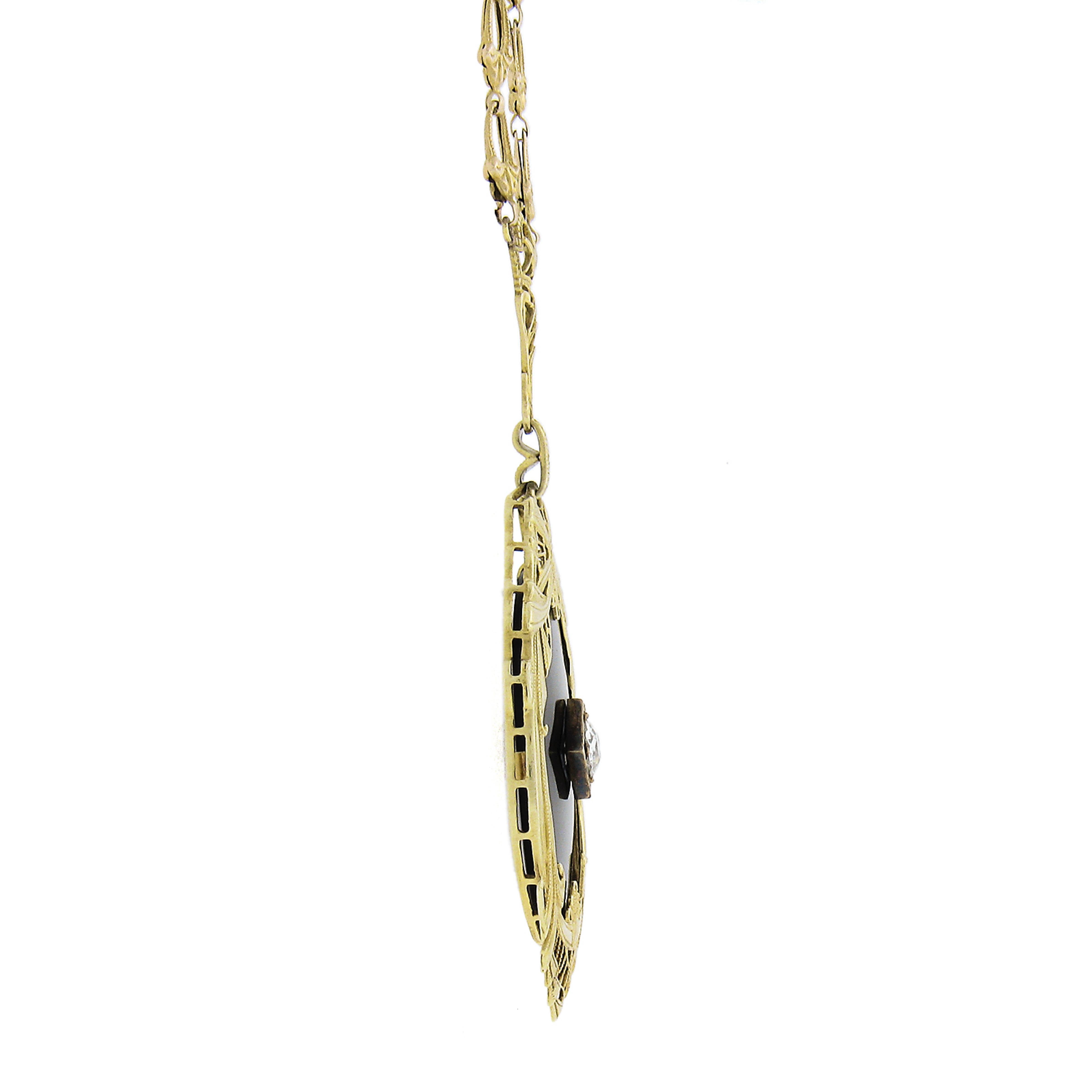 Antique Art Deco 14k Yellow Gold Diamond & Black Onyx Filigree Pendant Necklace In Good Condition For Sale In Montclair, NJ