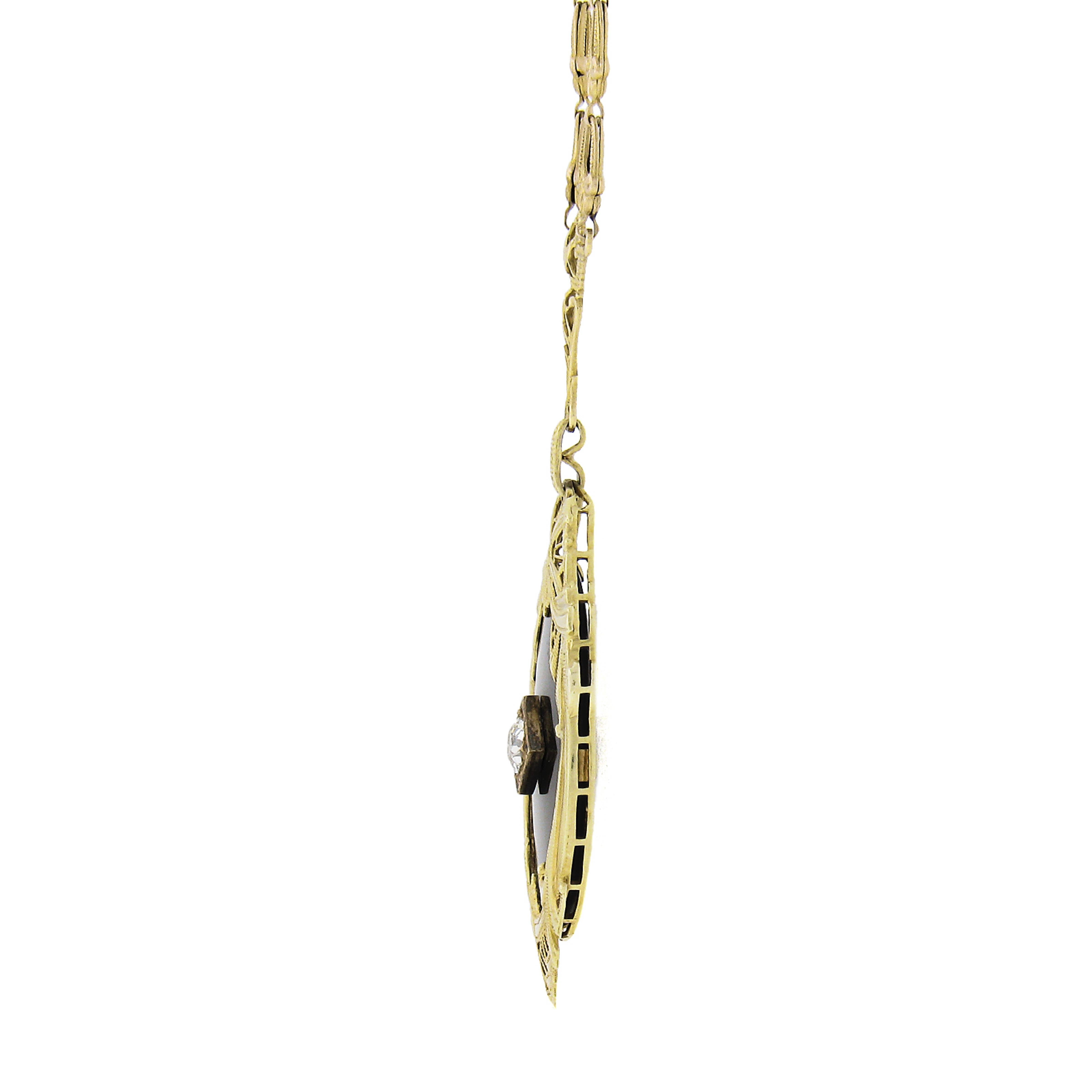 Women's Antique Art Deco 14k Yellow Gold Diamond & Black Onyx Filigree Pendant Necklace For Sale