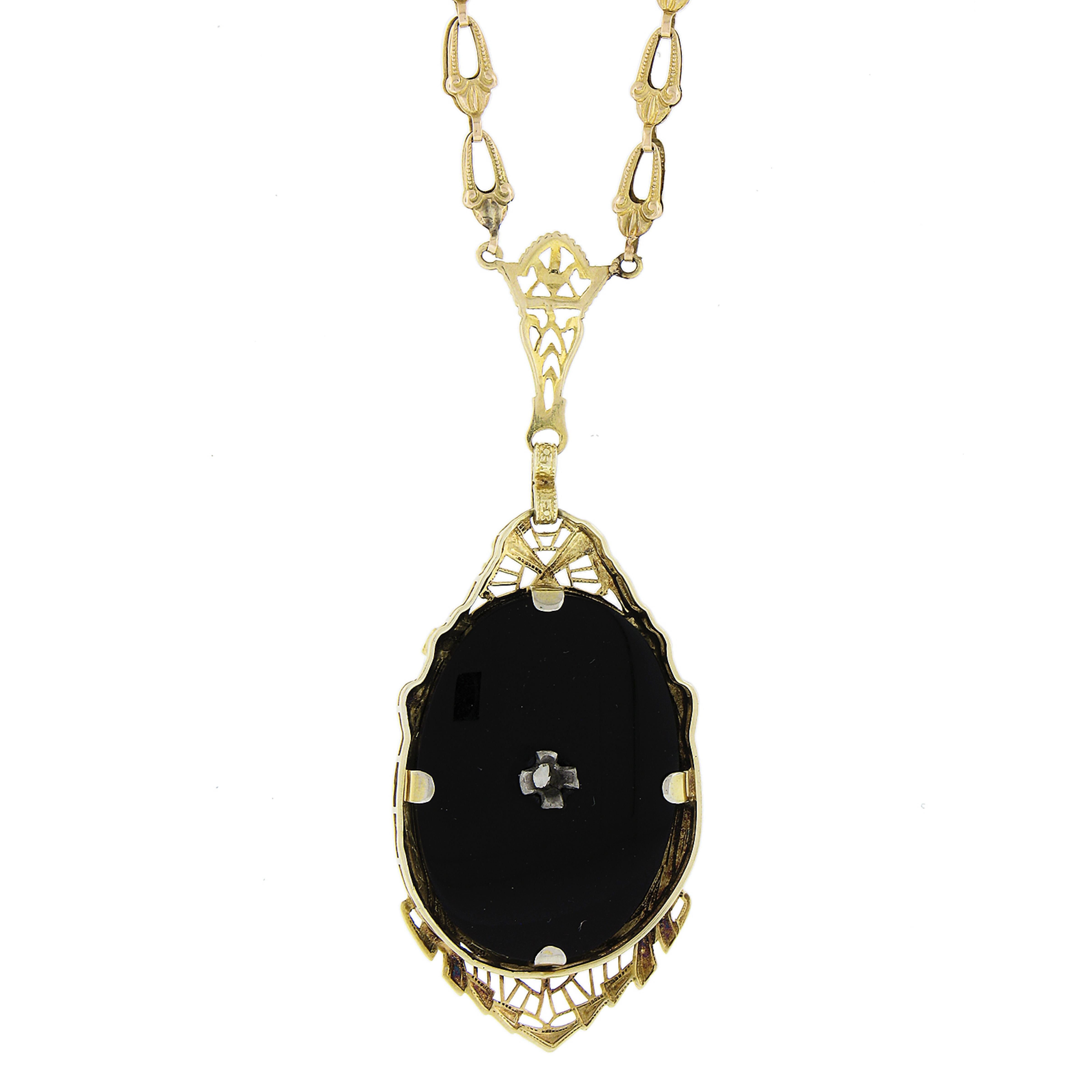 Antique Art Deco 14k Yellow Gold Diamond & Black Onyx Filigree Pendant Necklace For Sale 1