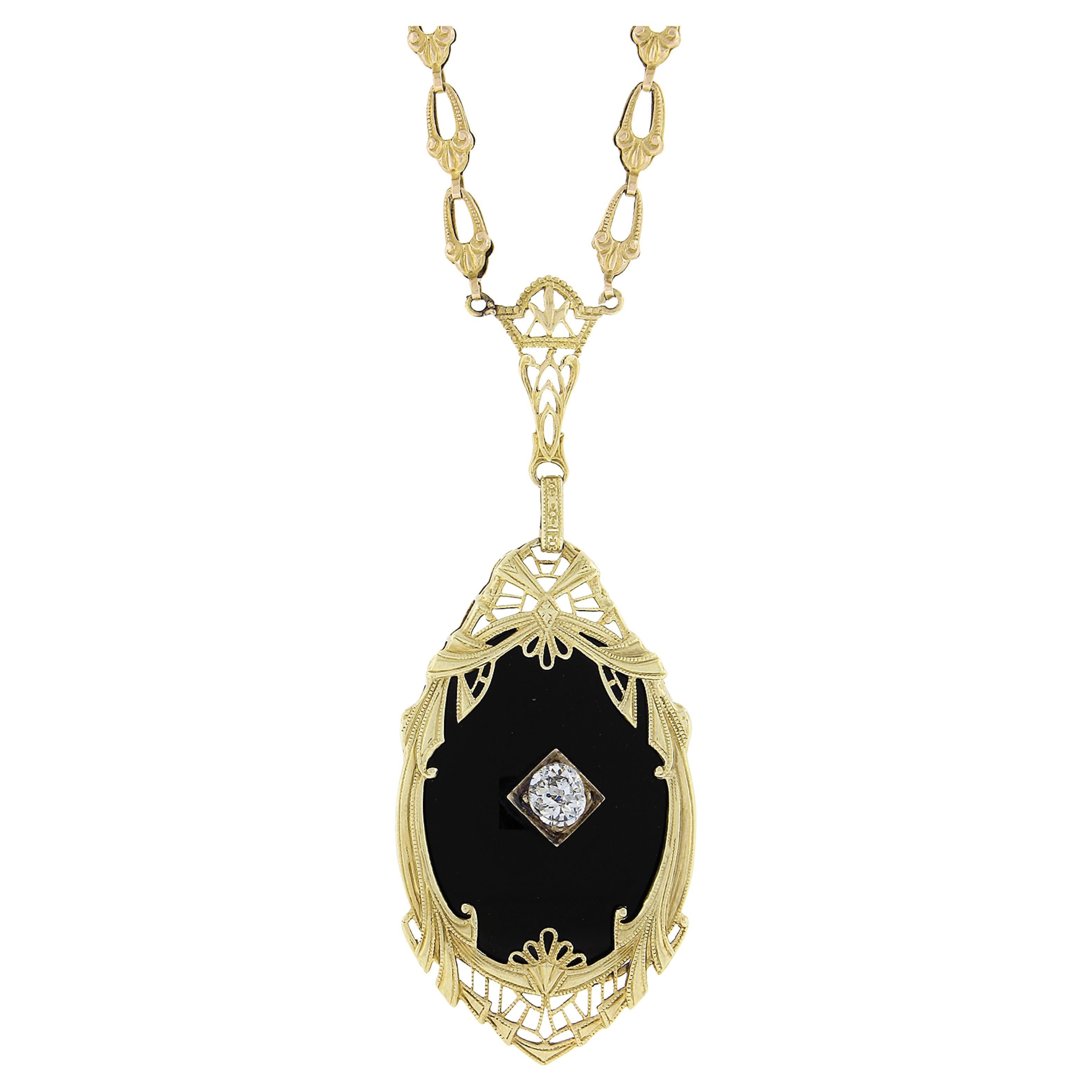 Antique Art Deco 14k Yellow Gold Diamond & Black Onyx Filigree Pendant Necklace For Sale