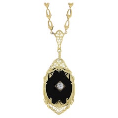 Antique Art Deco 14k Yellow Gold Diamond & Black Onyx Filigree Pendant Necklace