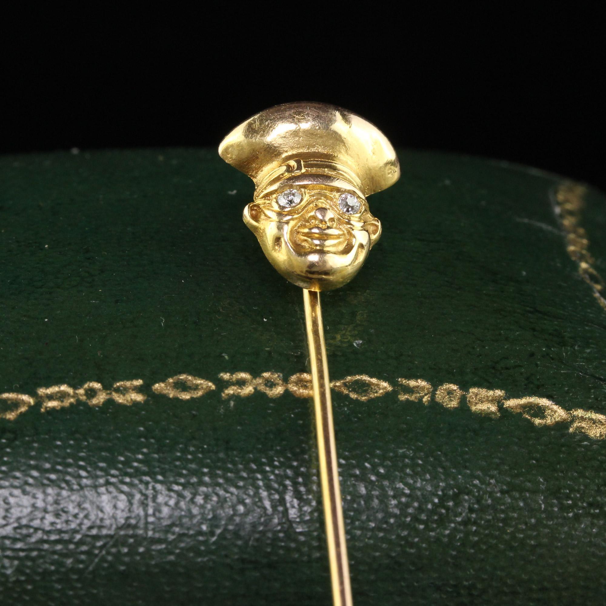 Antique Art Deco 14K Yellow Gold Diamond Eyed Face Stick Pin In Good Condition For Sale In Great Neck, NY