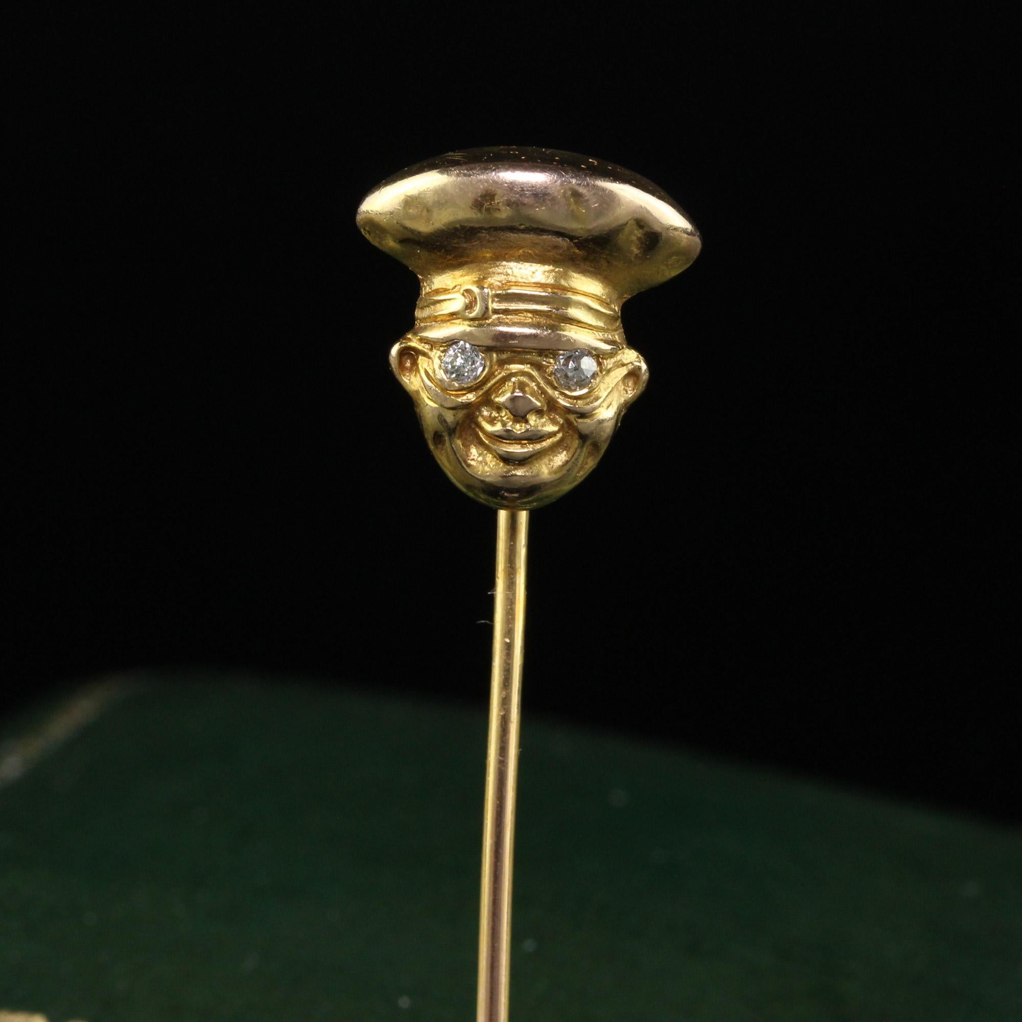 Women's or Men's Antique Art Deco 14K Yellow Gold Diamond Eyed Face Stick Pin For Sale