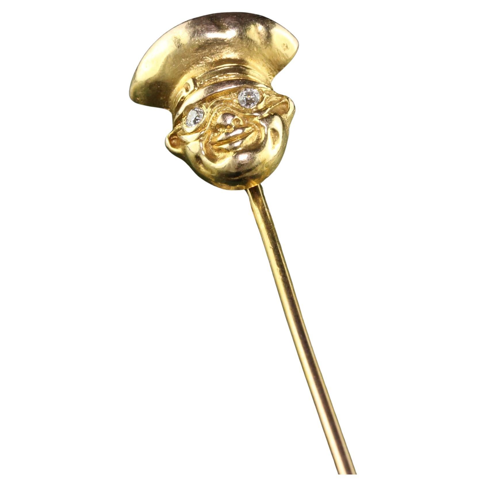 Antique Art Deco 14K Yellow Gold Diamond Eyed Face Stick Pin For Sale