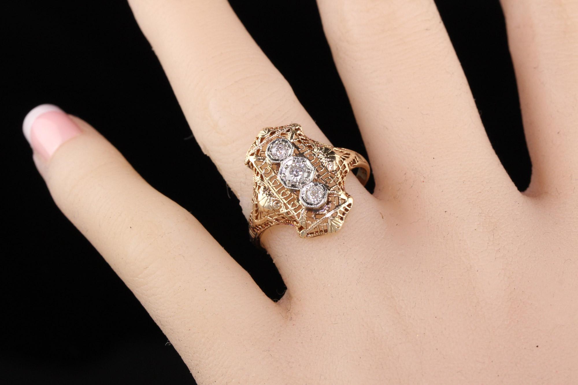 Antiker Art Deco 14K Gelbgold Diamant Drei Stein Filigran Ring Damen
