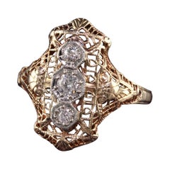 Antiker Art Deco 14K Gelbgold Diamant Drei Stein Filigran Ring