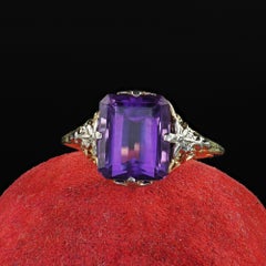 Antique Art Deco 14K Yellow Gold Emerald Cut Amethyst Filigree Cocktail Ring