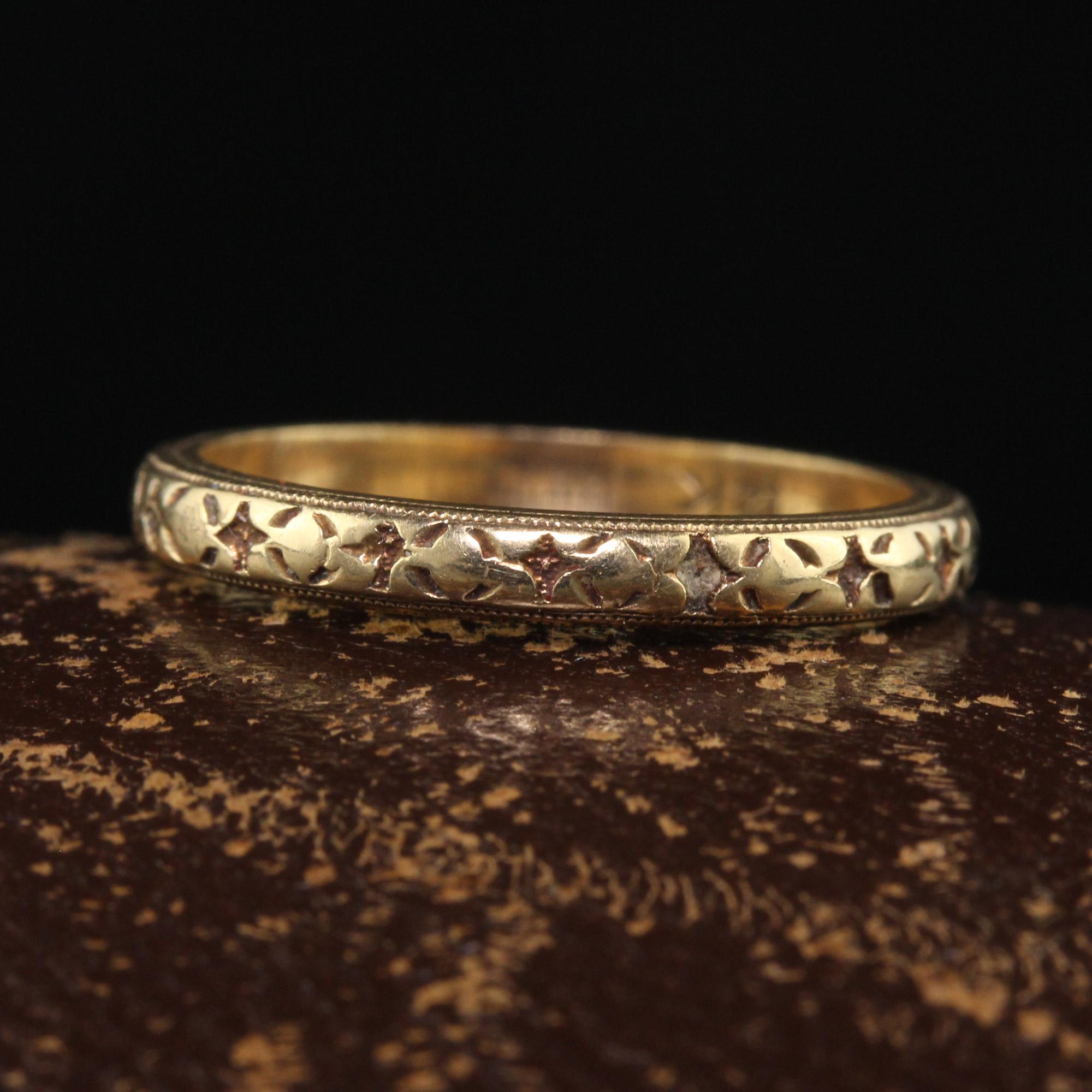 Beautiful Antique Art Deco 14K Yellow Gold Engraved Wedding Band - Size 6. This beautiful wedding band is crafted in 14k yellow gold. The deeply engraved design goes around the entire ring and is in very good condition. There is a gorgeous patina on