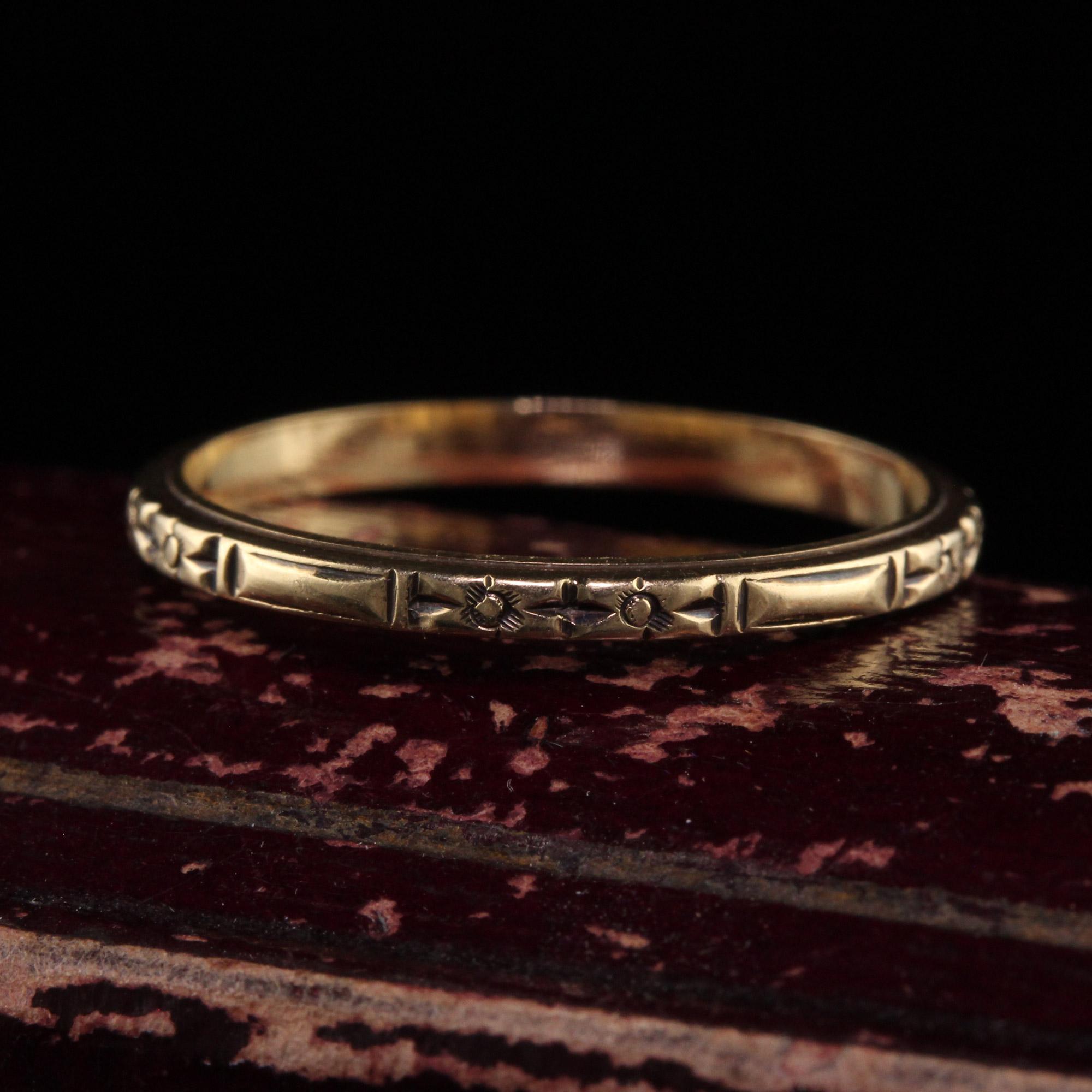 Beautiful Antique Art Deco 14K Yellow Gold Engraved Wedding Band - Size 7. This beautiful band is crafted in 14k yellow gold. The ring is deeply engraved around the entire ring and is in great condition. It is a thin band and can be stacked with