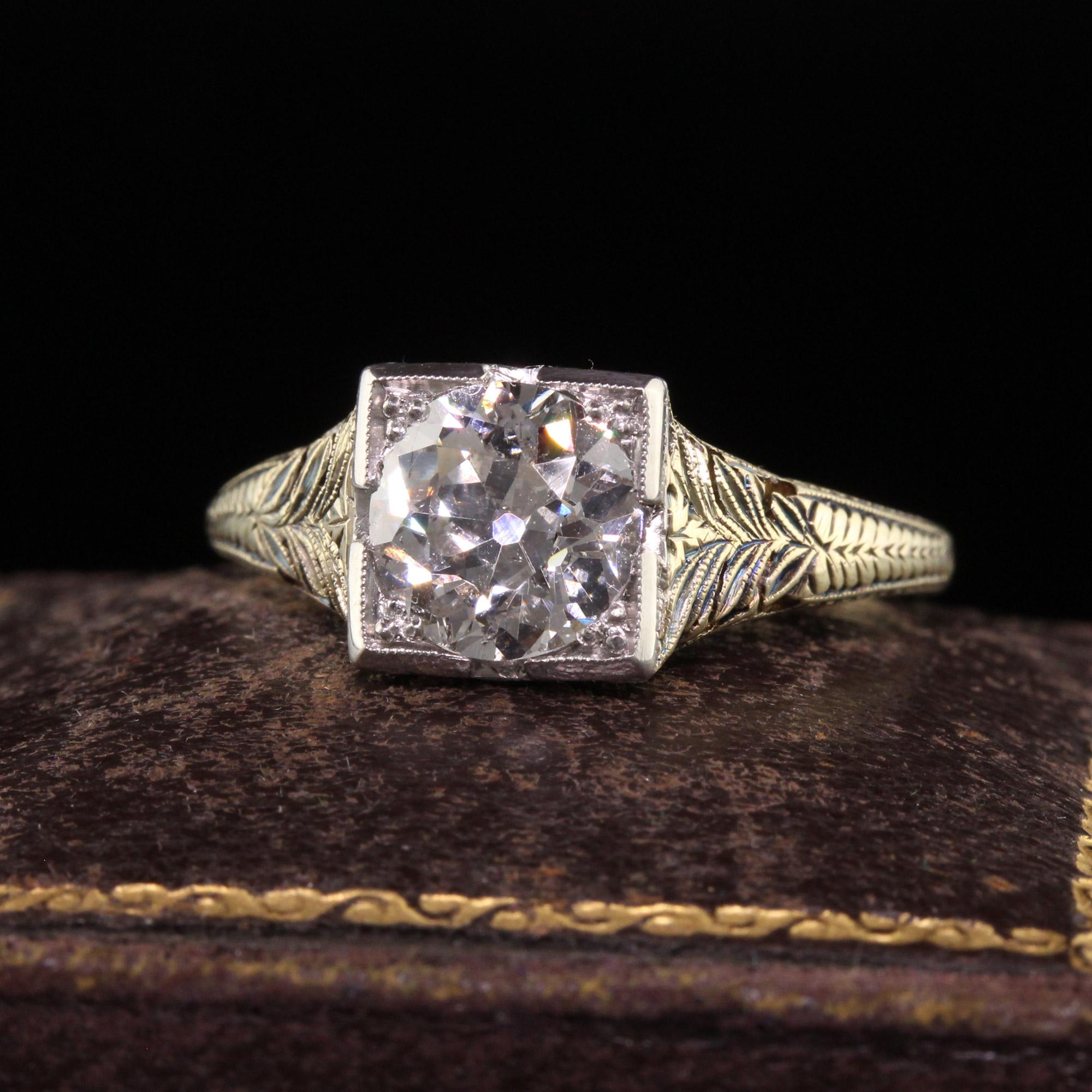 Beautiful Antique Art Deco 14K Yellow Gold Filigree Old Euro Diamond Engagement Ring - GIA. This incredible engagement ring is crafted in 14k yellow gold and platinum top. The ring holds an old european cut diamond that has a GIA report. The