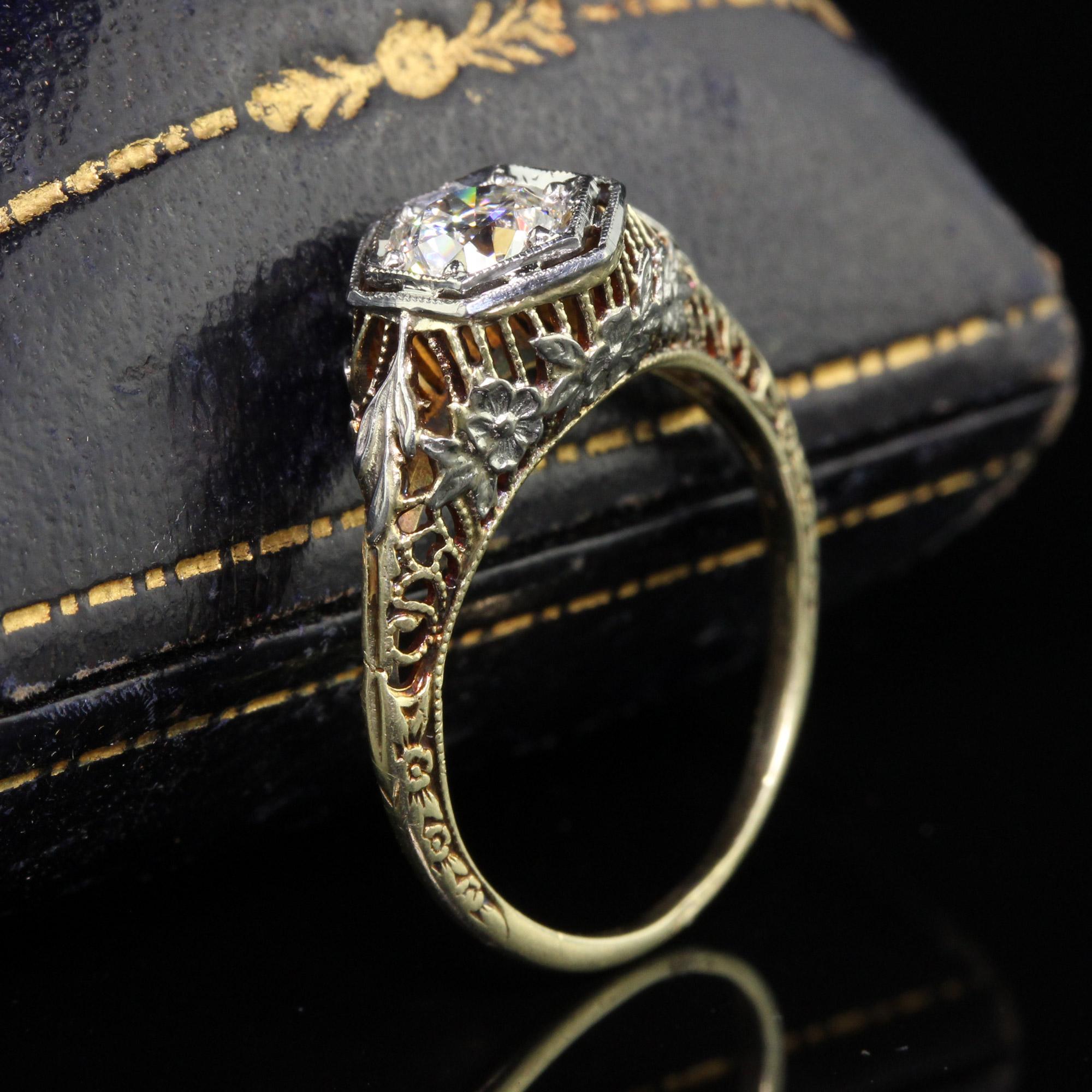 Antiker antiker Art-Déco-Verlobungsring aus 14 Karat Gelbgold mit filigranem altem Eurodiamant - GIA (Art déco)