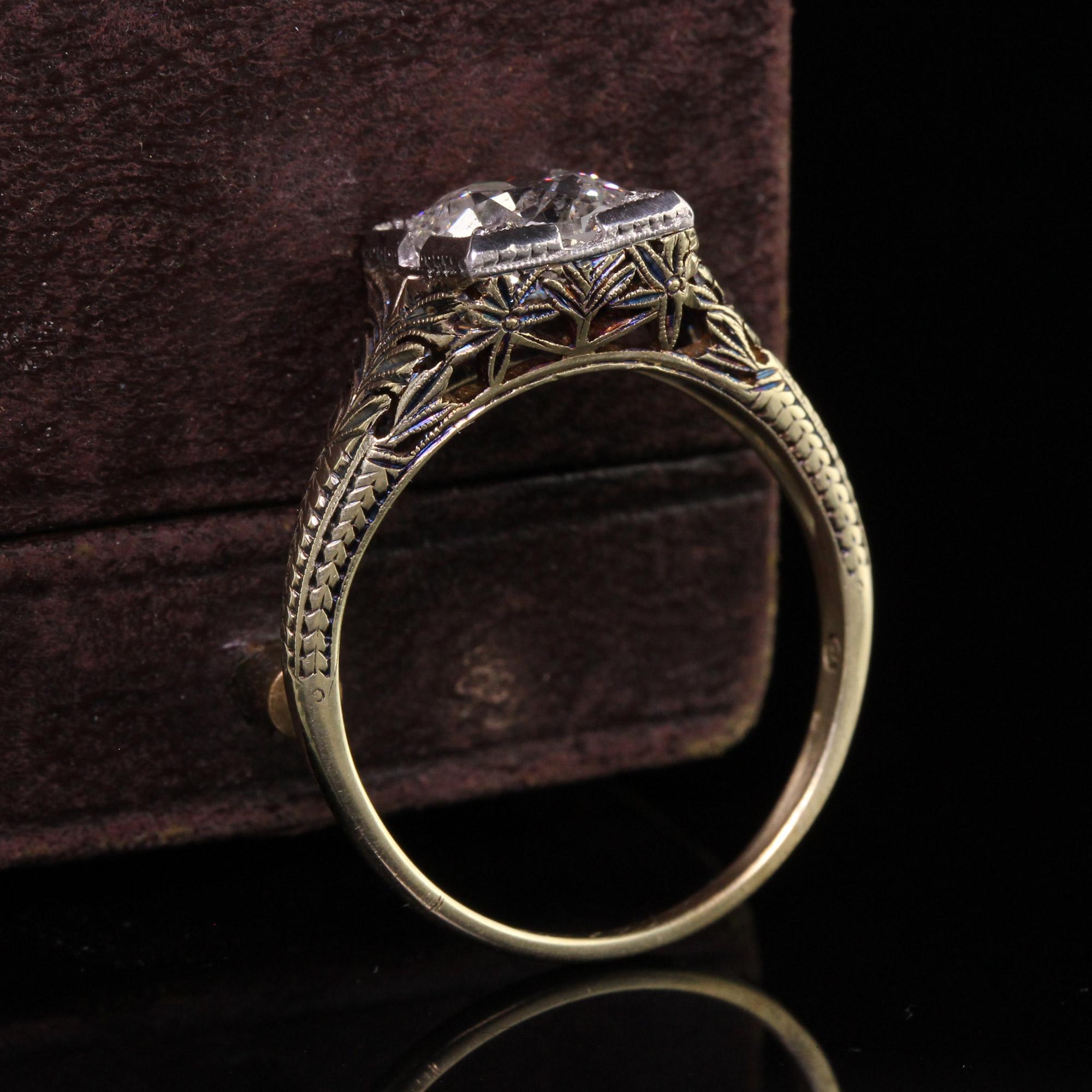 Antique Art Deco 14k Yellow Gold Filigree Old Euro Diamond Engagement Ring, GIA In Good Condition For Sale In Great Neck, NY