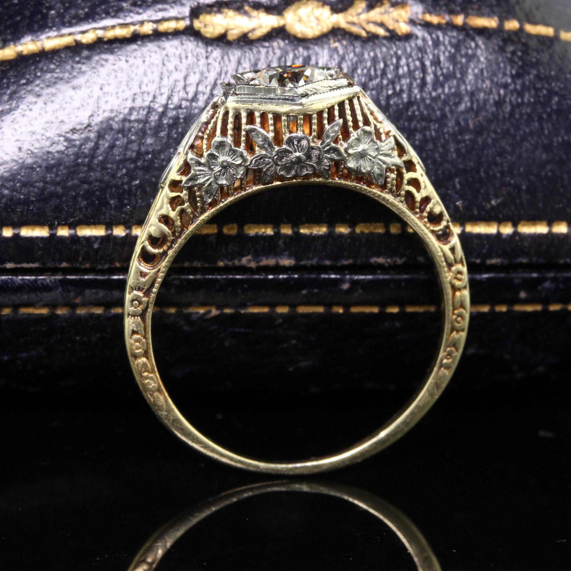Antiker antiker Art-Déco-Verlobungsring aus 14 Karat Gelbgold mit filigranem altem Eurodiamant - GIA (Alteuropäischer Schliff)