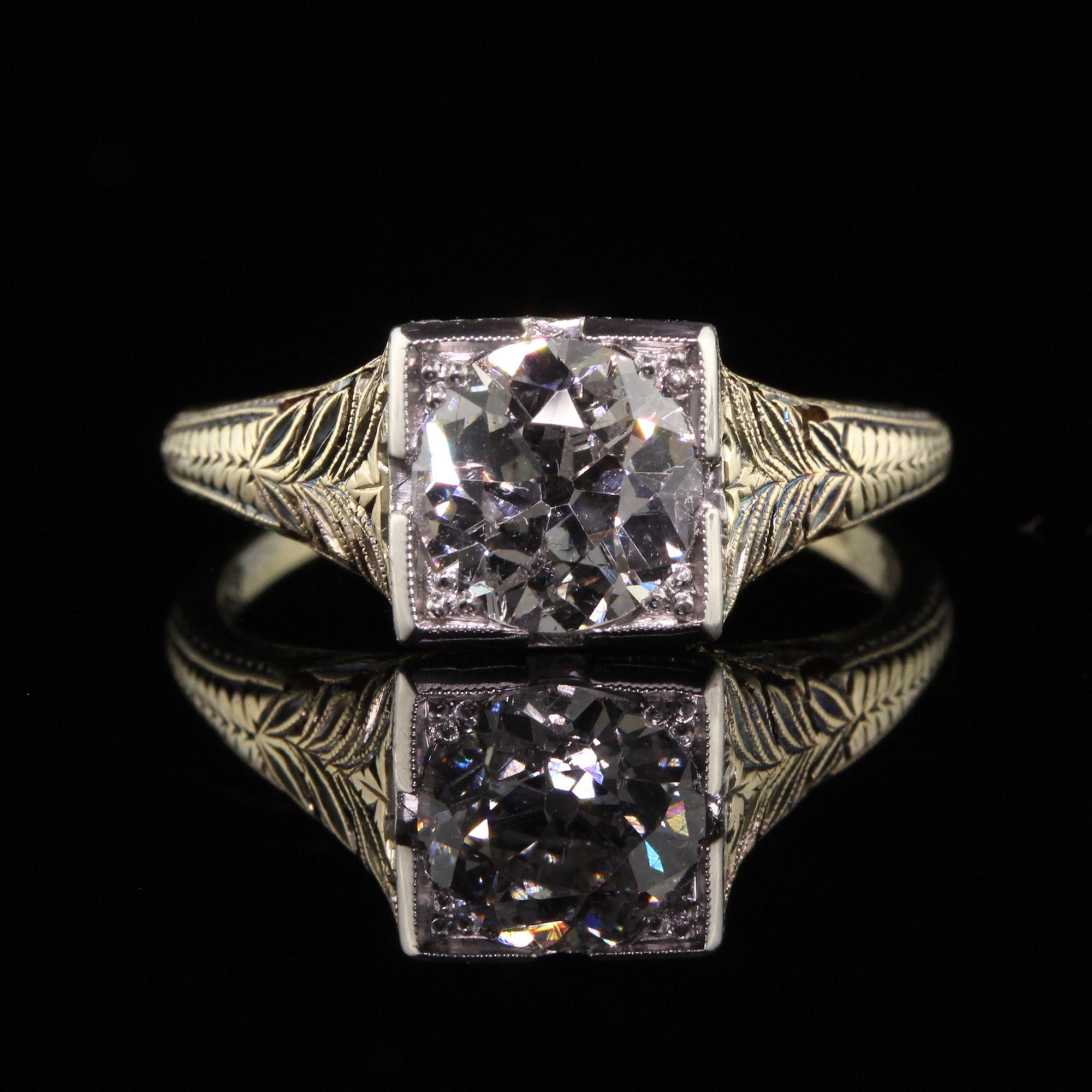 Women's Antique Art Deco 14k Yellow Gold Filigree Old Euro Diamond Engagement Ring, GIA For Sale