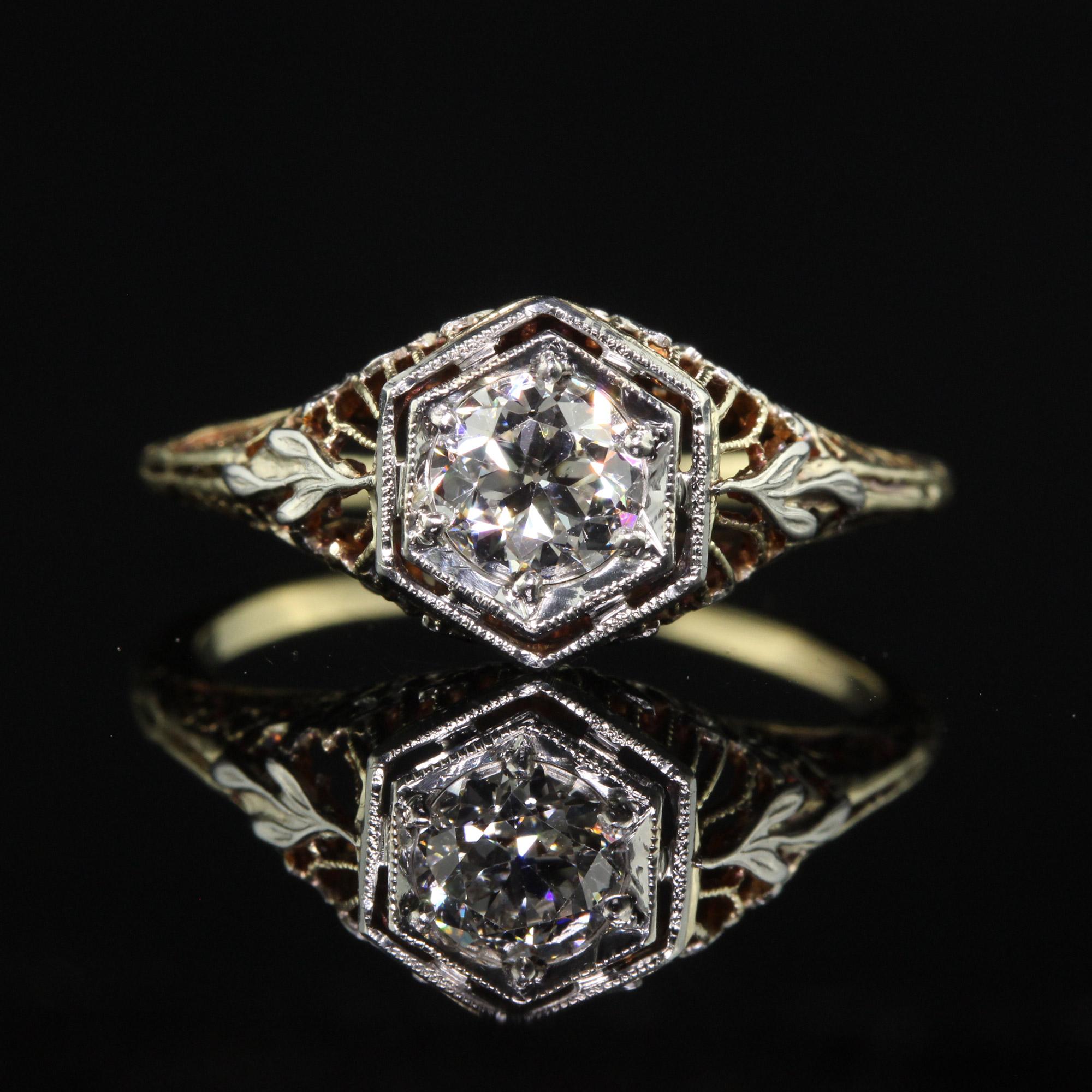 Antiker antiker Art-Déco-Verlobungsring aus 14 Karat Gelbgold mit filigranem altem Eurodiamant - GIA im Zustand „Gut“ in Great Neck, NY