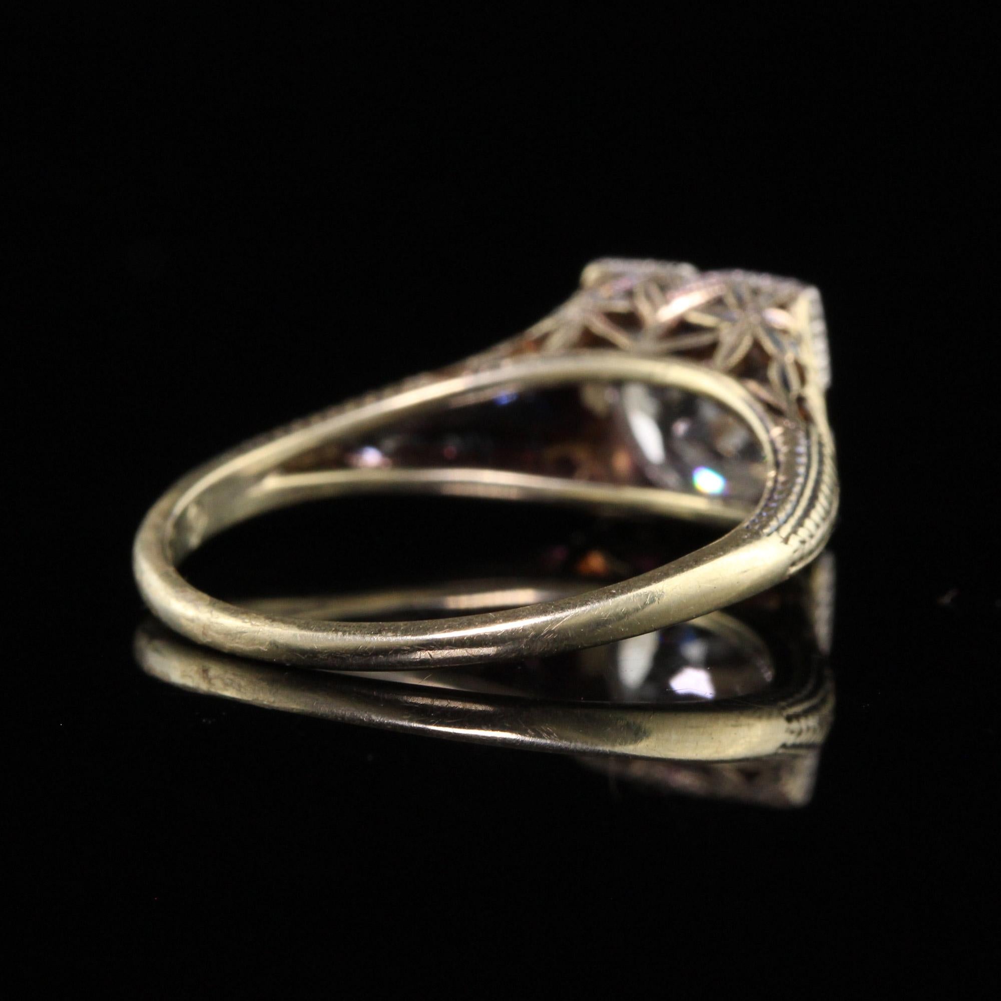 Antique Art Deco 14k Yellow Gold Filigree Old Euro Diamond Engagement Ring, GIA For Sale 1