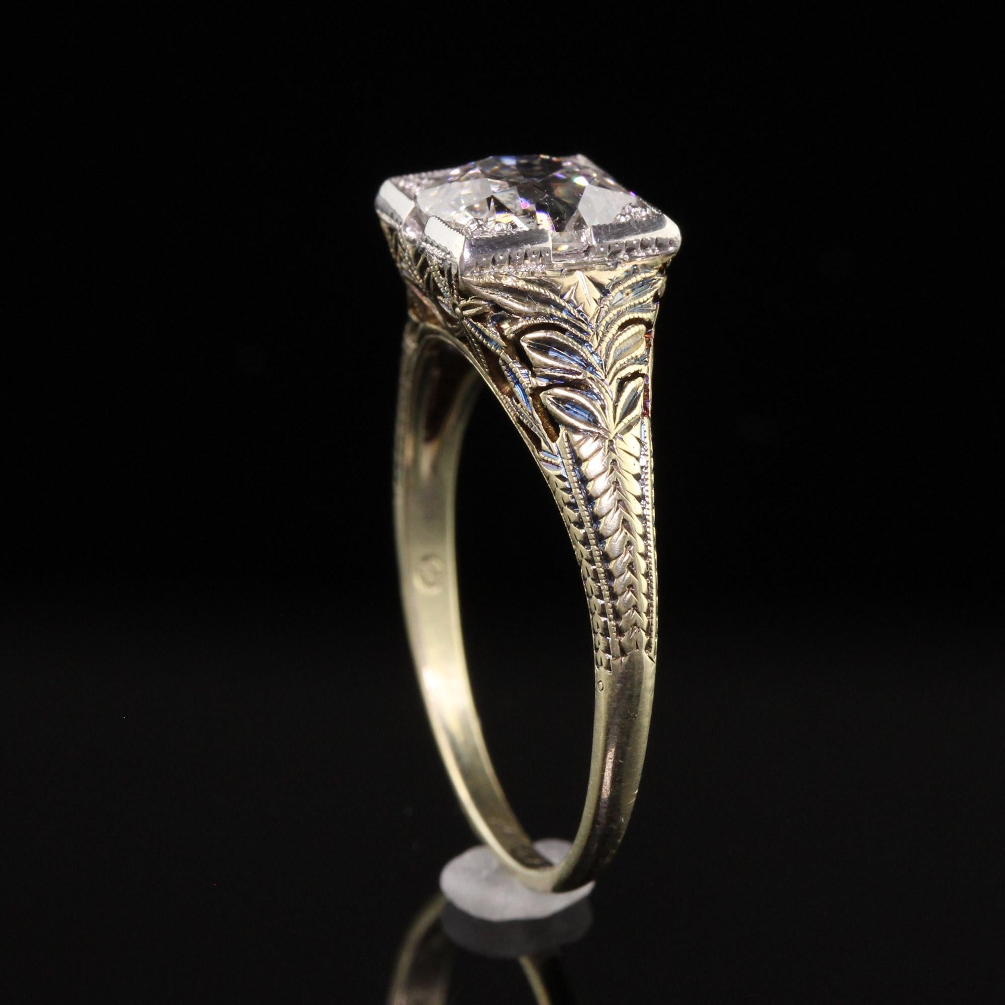 Antique Art Deco 14k Yellow Gold Filigree Old Euro Diamond Engagement Ring, GIA For Sale 2