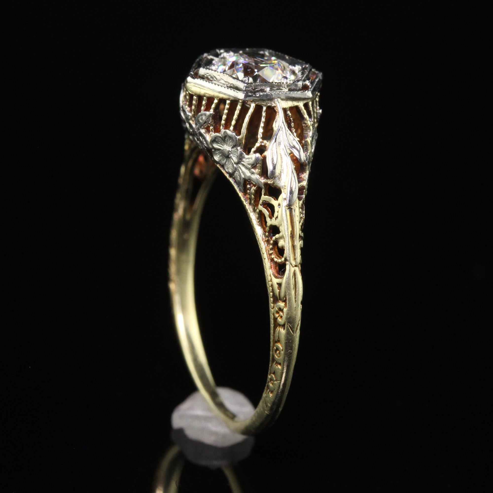 Antiker antiker Art-Déco-Verlobungsring aus 14 Karat Gelbgold mit filigranem altem Eurodiamant - GIA 1